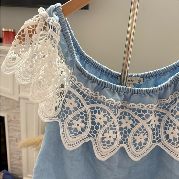 Blue Lace Trim Off-Shoulder Top - Picture 2 of 8